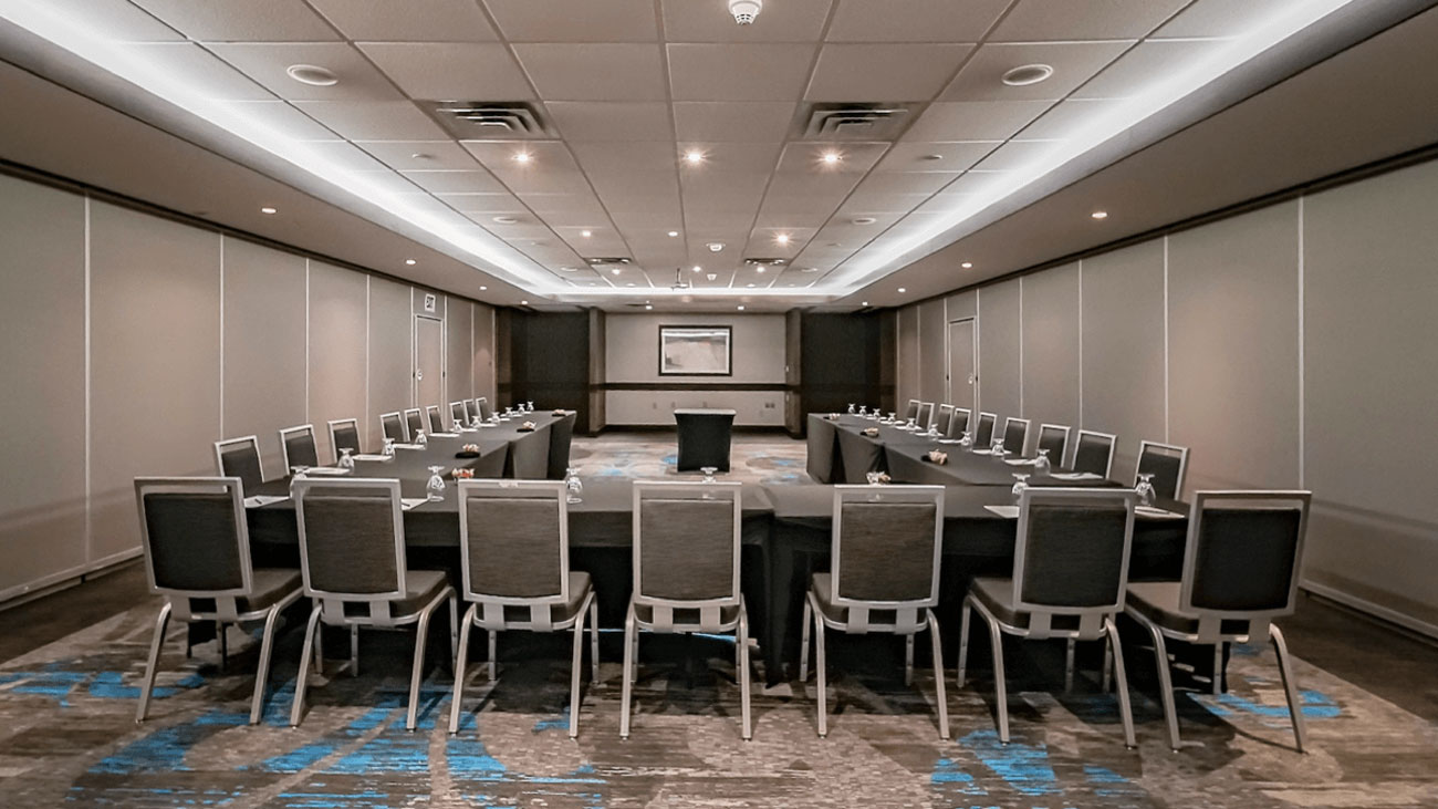 An elegant conference room with a long table and numerous chairs, designed for professional meetings and discussions.
